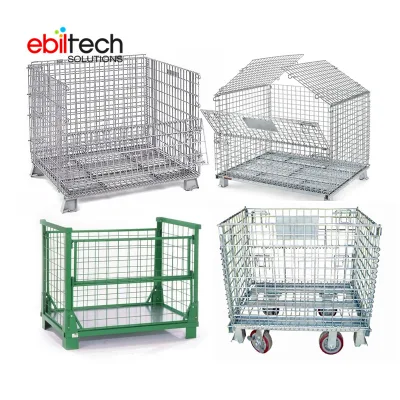 Material Handling Foldable Lockable Wire Mesh Warehouse Metal Stacking Welding Storage Cage with Wheels